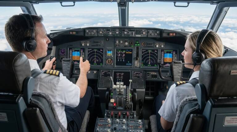 Capitán y primera oficial operando la cabina de un avión comercial en vuelo